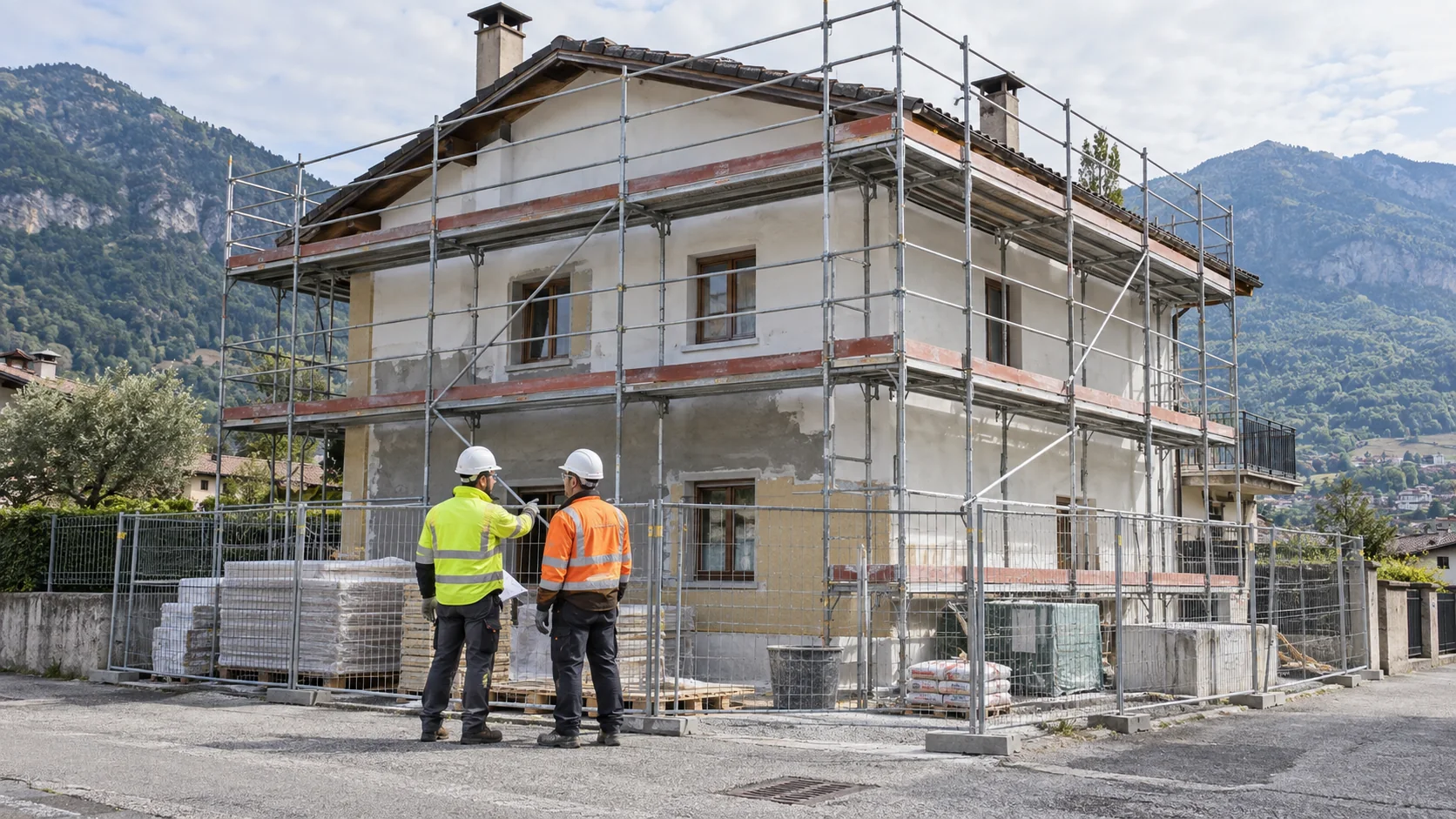 Illustrazione IA di due operatori davanti a un edificio in ristrutturazione
