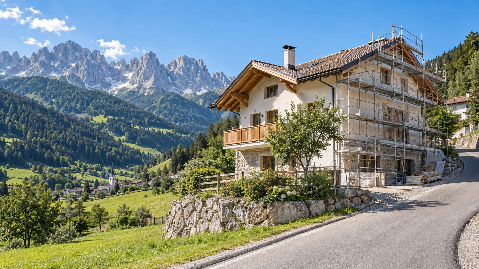 Scena illustrativa IA: casa in ristrutturazione, strada e montagne del Trentino al sole