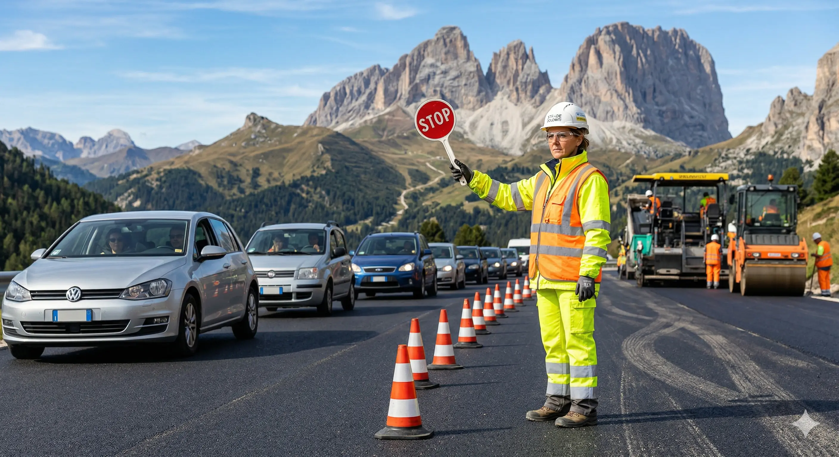 Illustrazione IA di un operatore che regola il traffico in cantiere